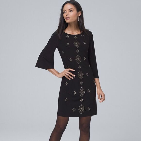 White House Black Market Dresses & Skirts - WHBM Embellished Black Knit Shift Dress XXS